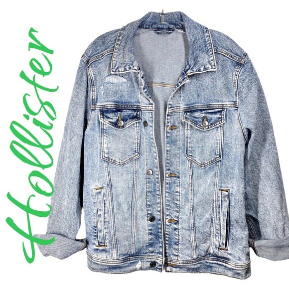 HOLLISTER MEN’s EPIC FLEX DISTRESSED BLUE DENIM JACKET, SIZE LARGE - Picture 8 of 8